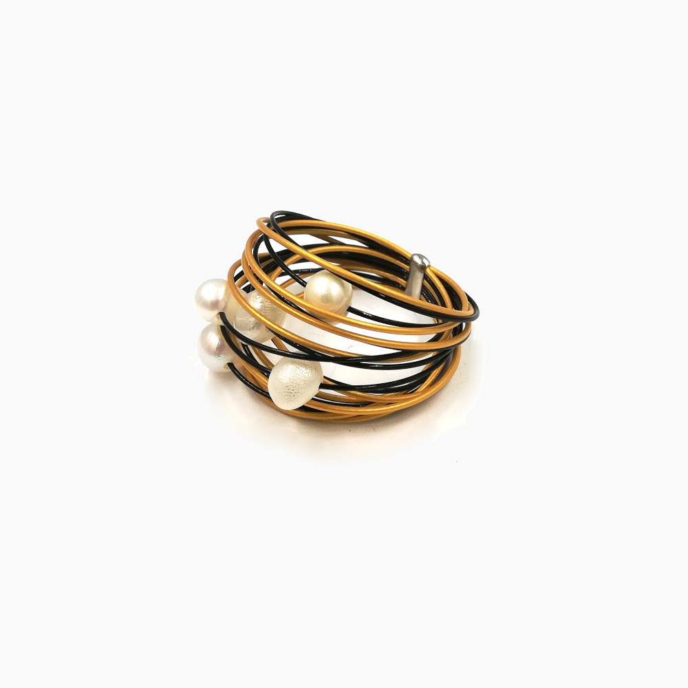 Gold & Black Wire with Small White Pearls