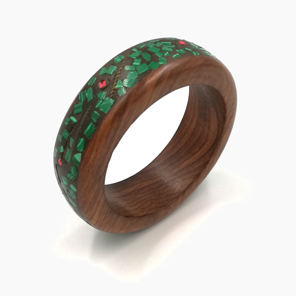 Solid Wood with inlet Green & Red Stones